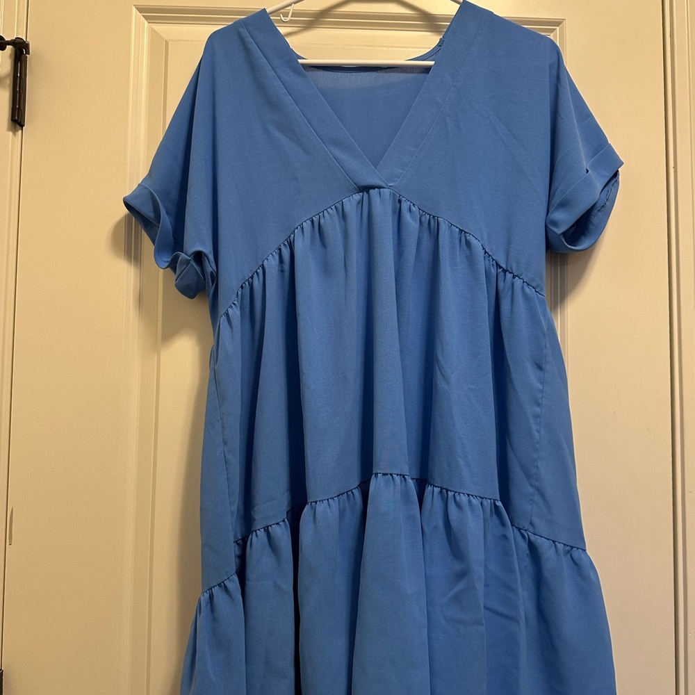 Blue V-Neck Tiered Dress